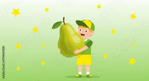 A happy boy holds a giant pear fruit in a cartoon illustration with green background