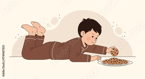A happy boy reaching for cookies from a plate on the floor illustration