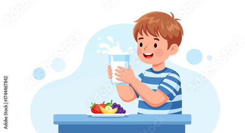 A happy cartoon boy is smiling while holding a glass of milk with fruits on a plate