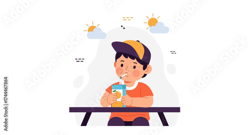 A happy child drinking juice in the sun on a picnic table outdoors