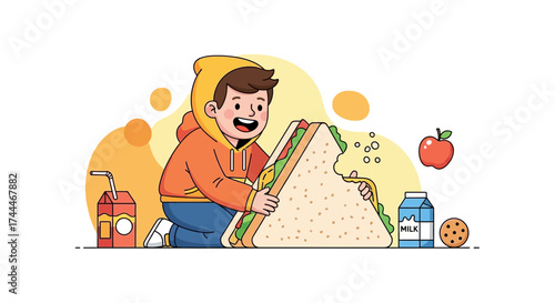 A happy child eating a large sandwich, with lunchbox and healthy snack