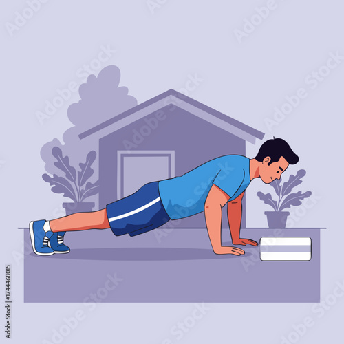 Modern Flat Illustration Young Man Doing Push Up Exercise at Home