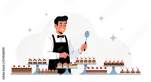 A Happy Confectioner Displaying Cakes And Desserts He Proudly Made For The Party