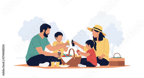 A happy family enjoying a picnic in the park with drinks and food on a sunny day