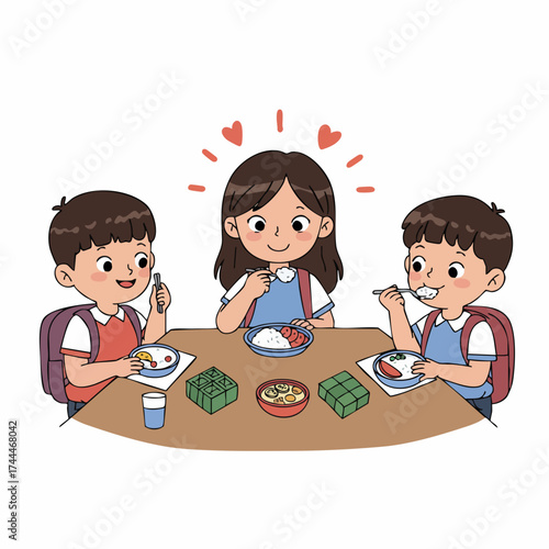 Cute Cartoon Illustration Student Enjoying Meal Time Together at School