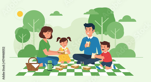 A happy family enjoying a picnic outdoors with food, sandwiches, and a park setting