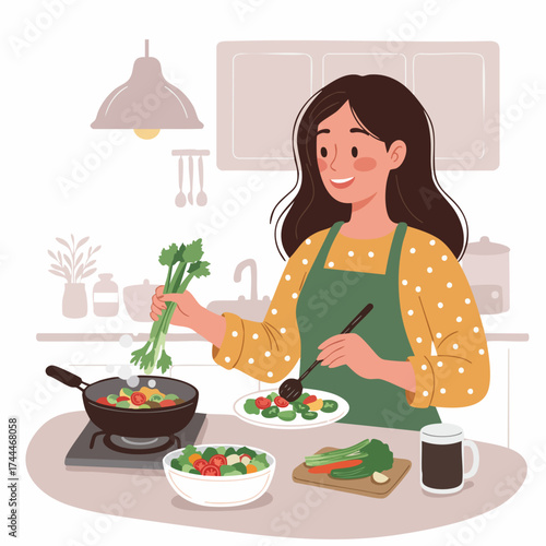 Cartoon Style Happy Woman Cooking Fresh Food in Kitchen Scene