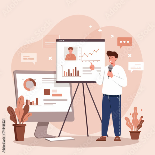 Flat Design Presentation on Board with Man Talking in Business Category