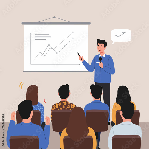 Colorful Flat Style Presenter Explaining Business Graphic Chart to Audience Illustration