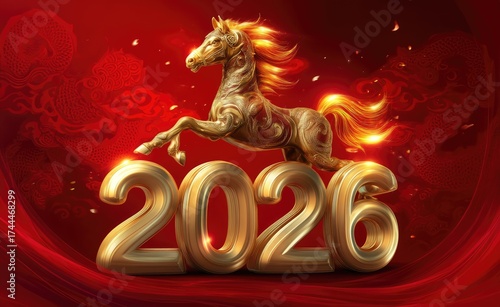 Golden Fire Horse leaping over shiny 2026 numbers. Majestic Eastern Chinese zodiac symbol for Lunar New Year celebration. Festive red background with traditional patterns welcoming prosperity.