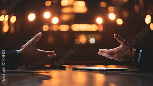 Two hands outstretched, ready for a business meeting in a dimly lit restaurant.