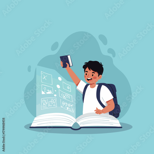 Flat Illustration Happy Boy Reading a Magical Book Adventure