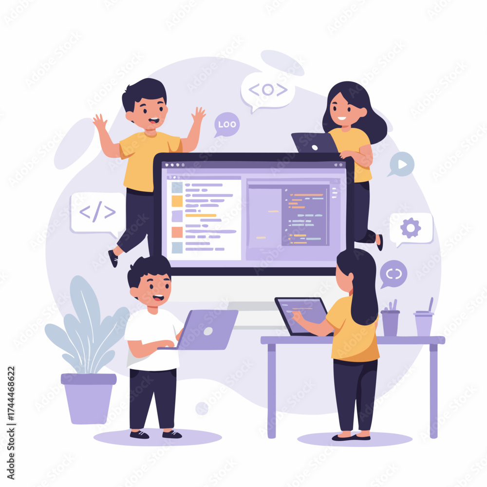 Fototapeta premium Cartoon Illustration of Young Programmers Collaborating on a Coding Project