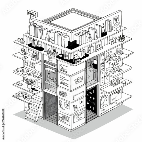 Detailed Lineart Cubist Building Architecture Illustration with Intricate Details