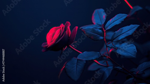 Fototapeta Naklejka Na Ścianę i Meble -  A vibrant red rose illuminated by neon light, illuminated leaves.