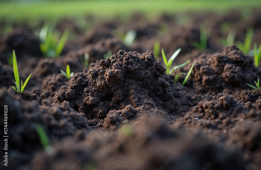 Fototapeta premium Close up of dark rich brown soil lumps. Freshly plowed garden land shows texture, small green plants grow from fertile earth. New life emerges in agricultural field, farm ground ready for spring crop