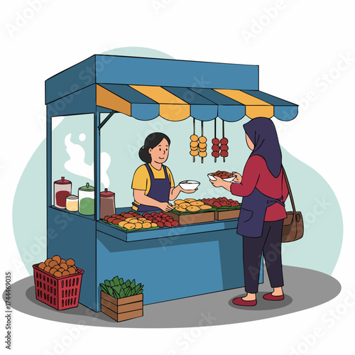 Colorful Flat Illustration Woman Buying Street Food at Food Stall