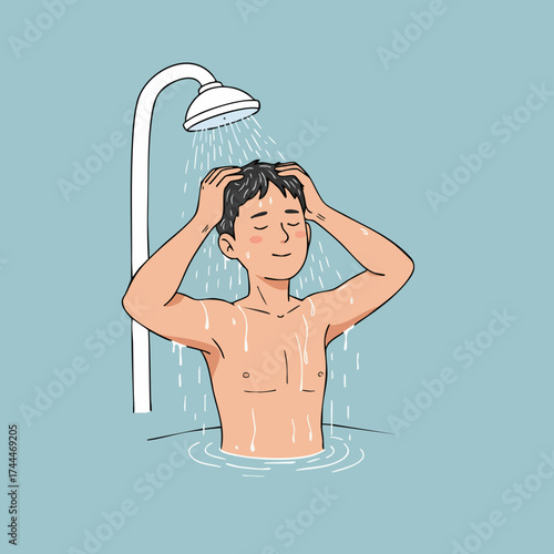Whimsical Handdrawn Man Showering with Soap Body Wash Daily Routine Illustration