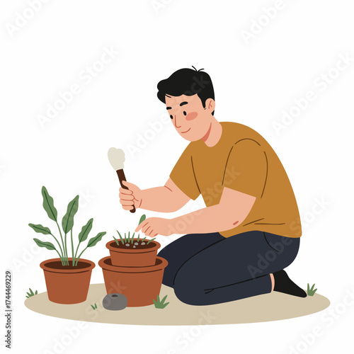 Flat Illustration Man Planting Seedling In Flower Pot Gardening Hobby