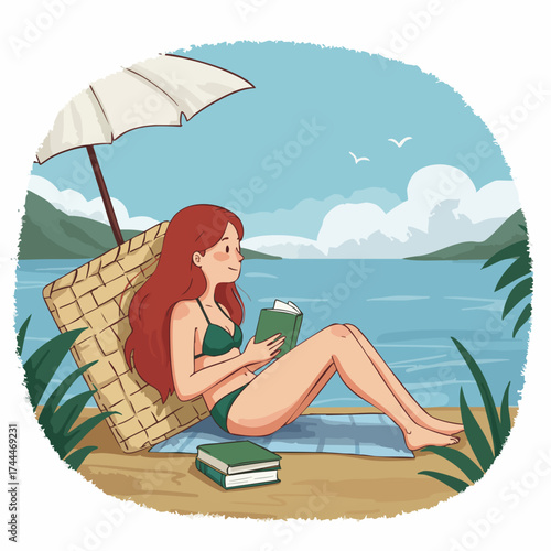 Relaxing Handdrawn Illustration of Woman Reading Book on Summer Vacation