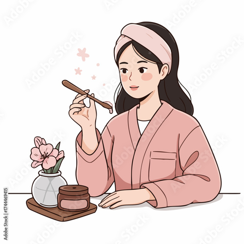 Cute Lineart Woman Applying Facial Mask Beauty Treatment Illustration