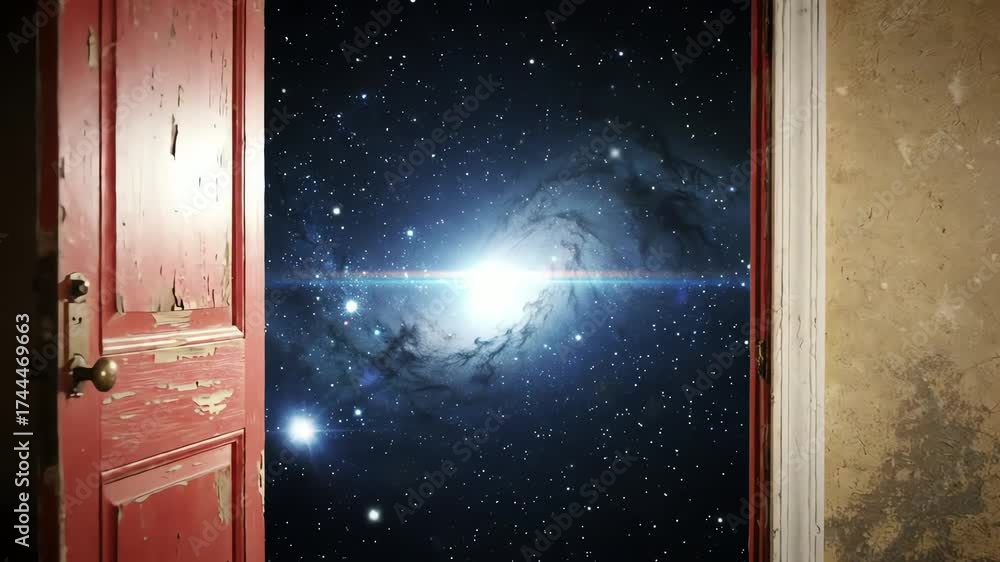 Conceptual animation of a weathered red door opening to reveal a portal to a distant galaxy and the universe