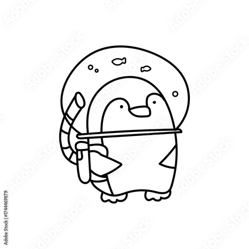 A line illustration of a cute penguin with a fish tank on its head. Doodle astronaut. Coloring page with scuba diver