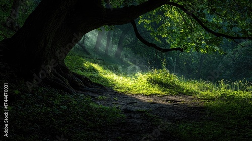 Sunlight filtering through a dense forest canopy.