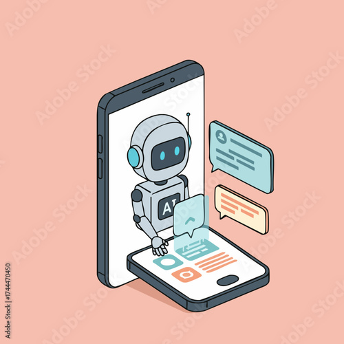 Isometric Line Art Robot Assistant On Smartphone Communication Technology Illustration
