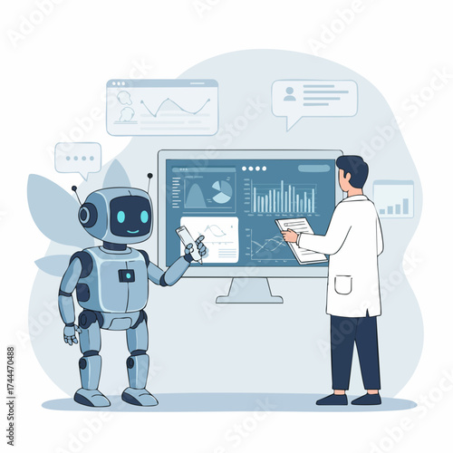 Modern Flat Illustration Robot and Scientist Analyzing Data on Screen