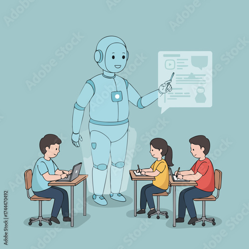 Flat Style Robotic Teacher in Classroom with Student Education Illustration