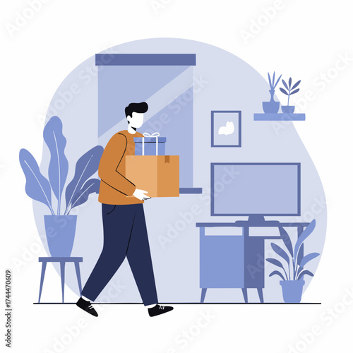 Flat Illustration Man Carrying Cardboard Box Moving Into New Apartment