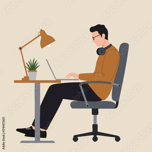 Flat Illustration of Man Working on Laptop at Desk in Office