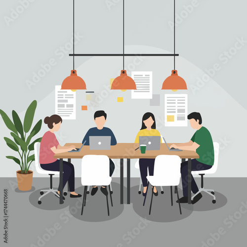 Flat Design Teamwork People Meeting Discussion in Coworking Space Illustration