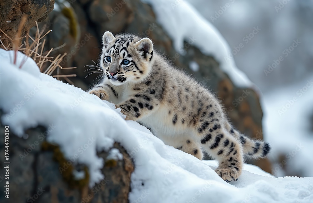 Obraz premium A young snow leopard cub with blue eyes explores snowy terrain. Its spotted fur blends with the winter landscape as it climbs over snow-covered rocks. The cub looks curious about its surroundings.