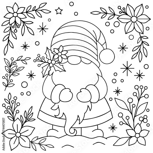 Cute Christmas gnome coloring page with festive flowers, holly, and snowflakes. Perfect for kids and adults who love holiday coloring activities. Ideal for Christmas crafts, winter decorations.