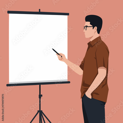Flat Illustration Man Explaining Presentation On Projector Screen For Business