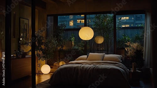 A serene bedroom at night, bathed in soft, warm light.