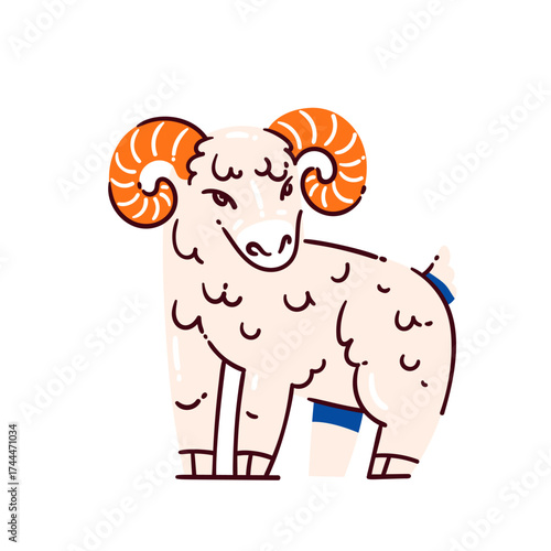 Aries zodiac sign, cute ram with curled horns. Cute doodle symbols of astrology and creativity, emphasizing Aries traits.