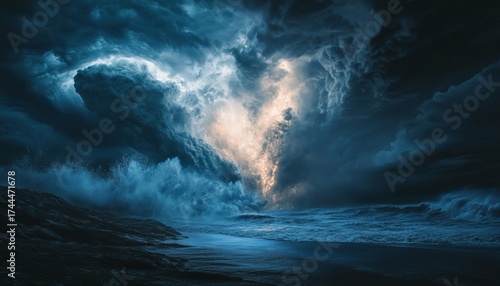 A dramatic landscape features dark blue ocean waves crashing on a rocky shore, with a stormy sky above containing a bright glowing light emanating from the clouds.