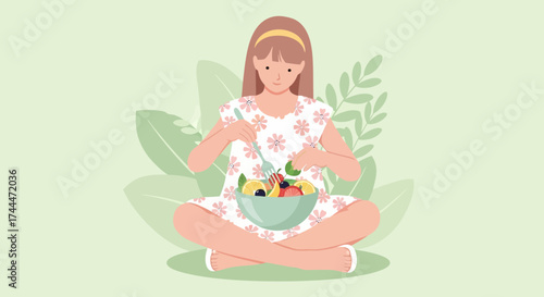 A Person Sitting Eating Fresh Fruit Salad in Nature, Healthy Eating Wellbeing