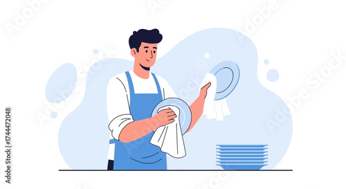 A Person Wiping Plates, Depicting Domestic Chore or Routine Task, Flat Design