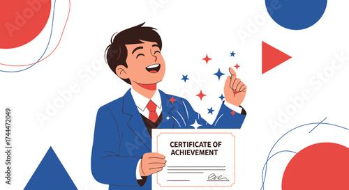 A happy man with a certificate of achievement celebrating his accomplishment success