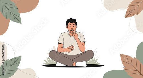 A happy person eating a snack sitting down, simple vector illustration with a leaf design