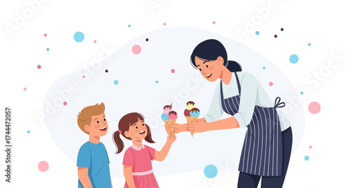 A happy scene of kids enjoying ice cream cones from an ice cream shop seller