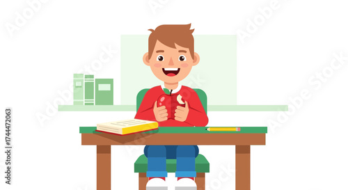 A happy schoolboy eating an apple while sitting at a desk during a drawing class
