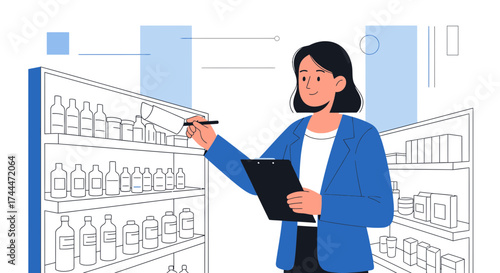 A Pharmacist Woman Checking Inventory Record in A Pharmacy Illustration, Vector Art