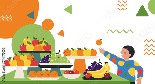 A Healthy Diet and Fruits: An Illustrated Concept of Fresh, Delicious Food and Wellbeing