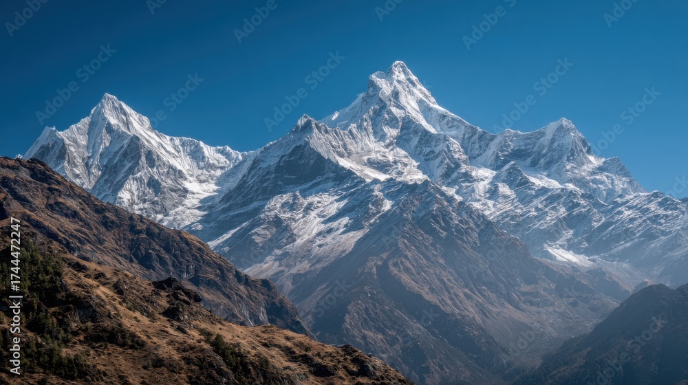 Fototapeta premium Snow-covered mountain peaks tower majestically i