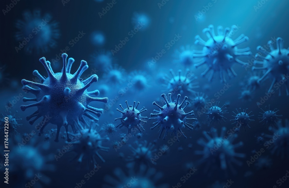 Fototapeta premium Blue abstract background shows virus cells. Corona virus molecules float in dark blue fluid. Backdrop shows disease pathogens. Concept for virology, science, microbiology, medicine analysis